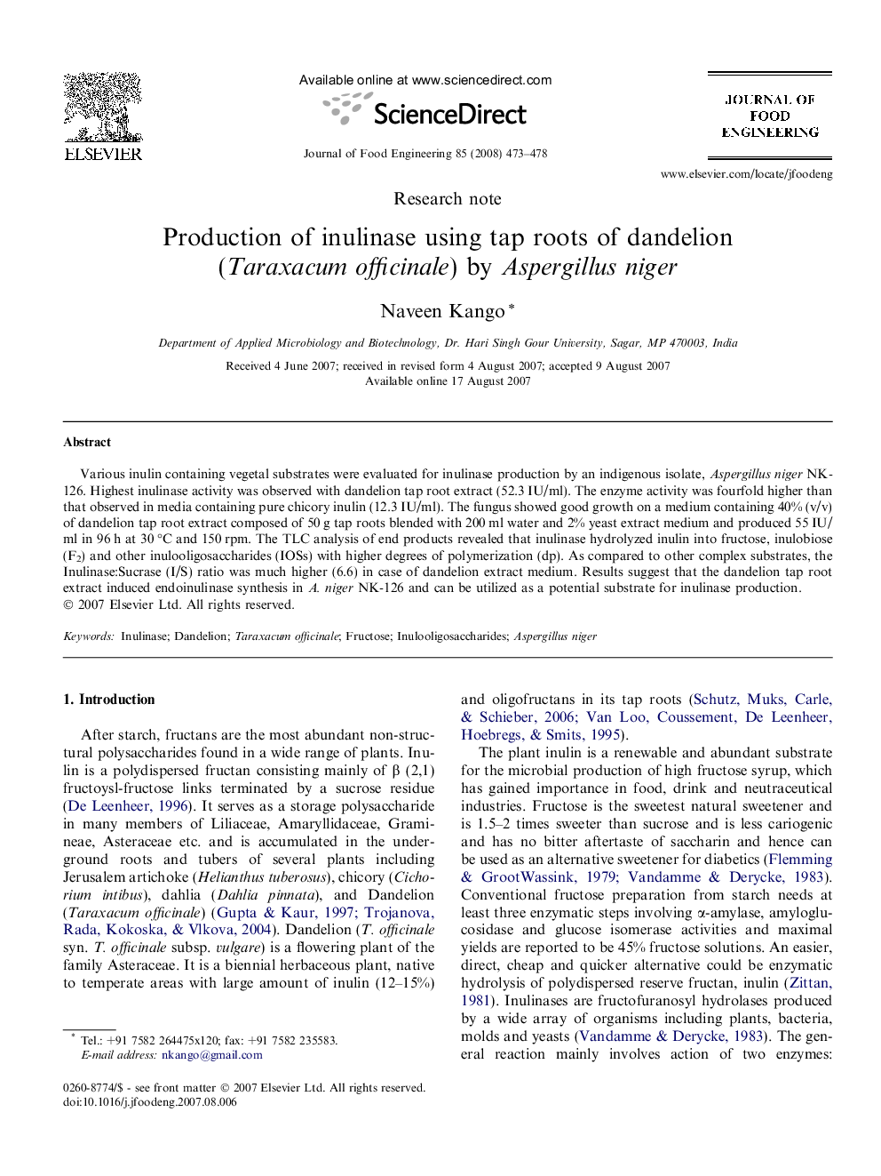 Production of inulinase using tap roots of dandelion (Taraxacum officinale) by Aspergillus niger