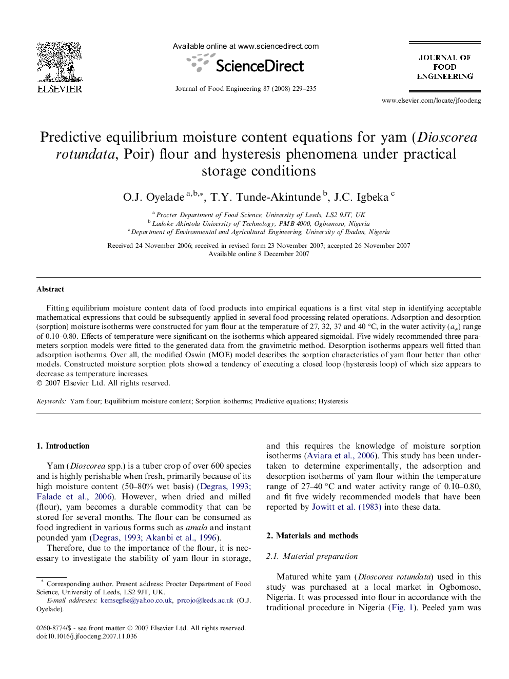 Predictive equilibrium moisture content equations for yam (Dioscorea rotundata, Poir) flour and hysteresis phenomena under practical storage conditions