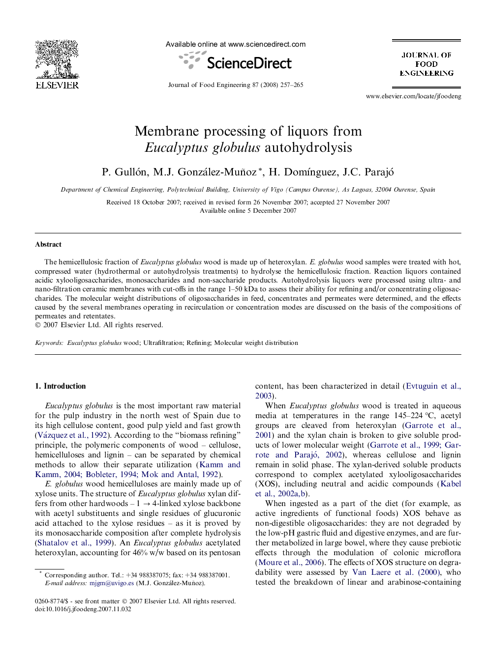 Membrane processing of liquors from Eucalyptus globulus autohydrolysis