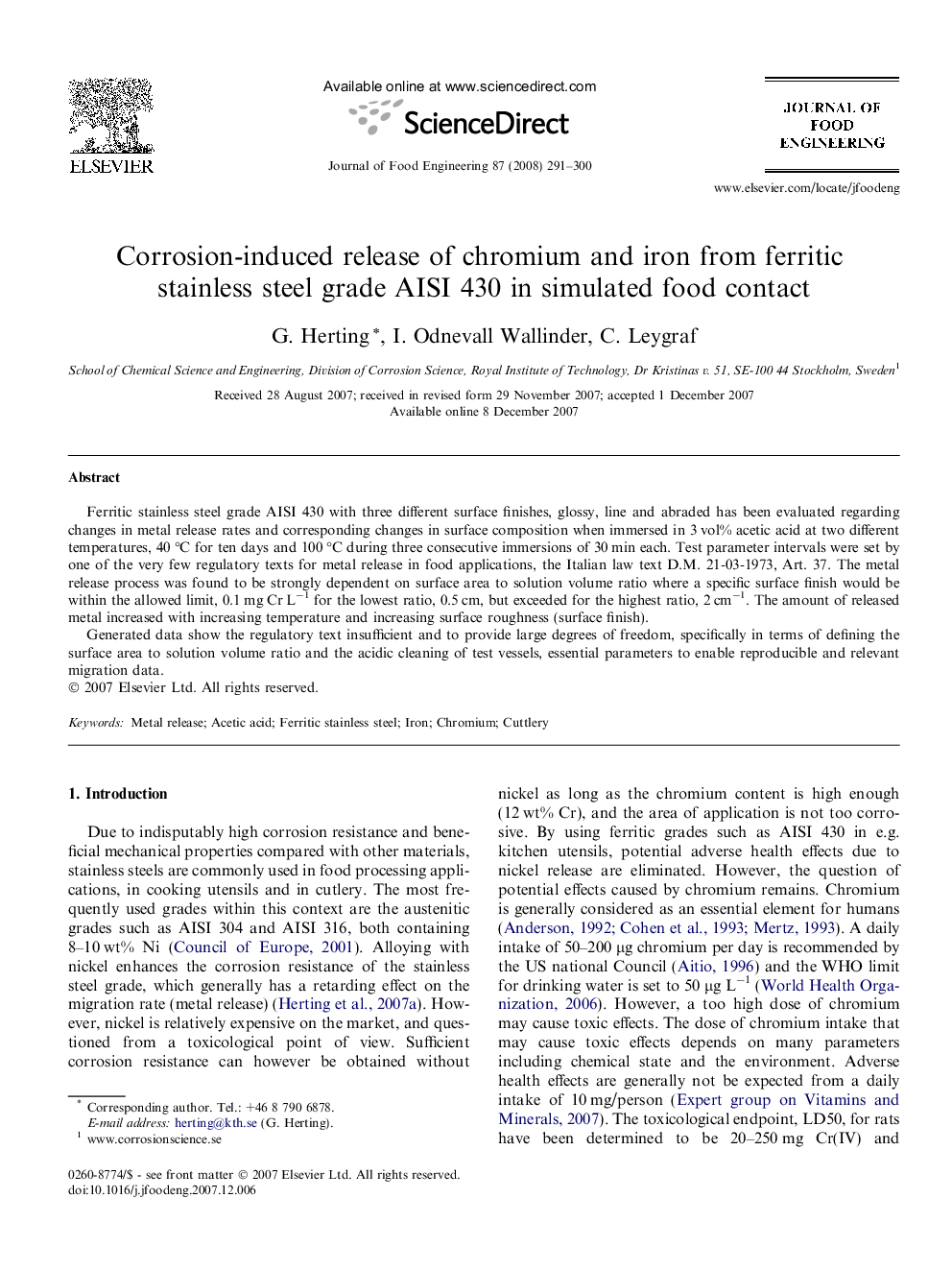 Corrosion-induced release of chromium and iron from ferritic stainless steel grade AISI 430 in simulated food contact