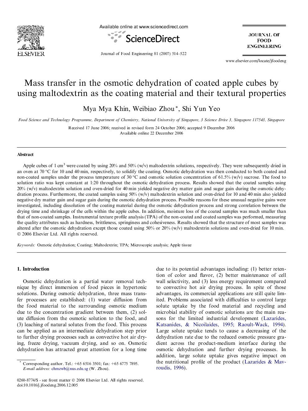 Mass transfer in the osmotic dehydration of coated apple cubes by using maltodextrin as the coating material and their textural properties