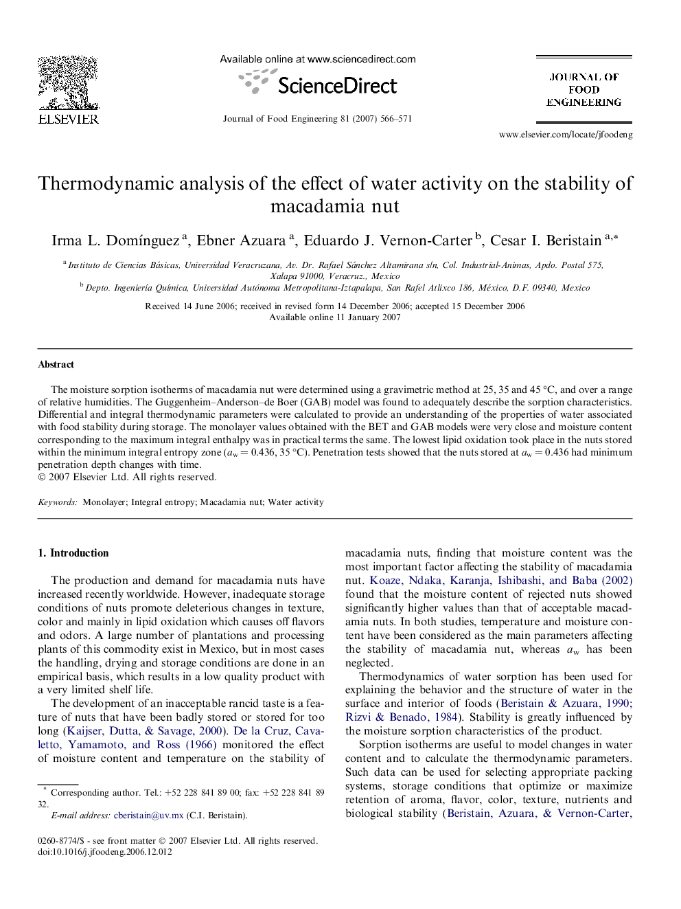 Thermodynamic analysis of the effect of water activity on the stability of macadamia nut