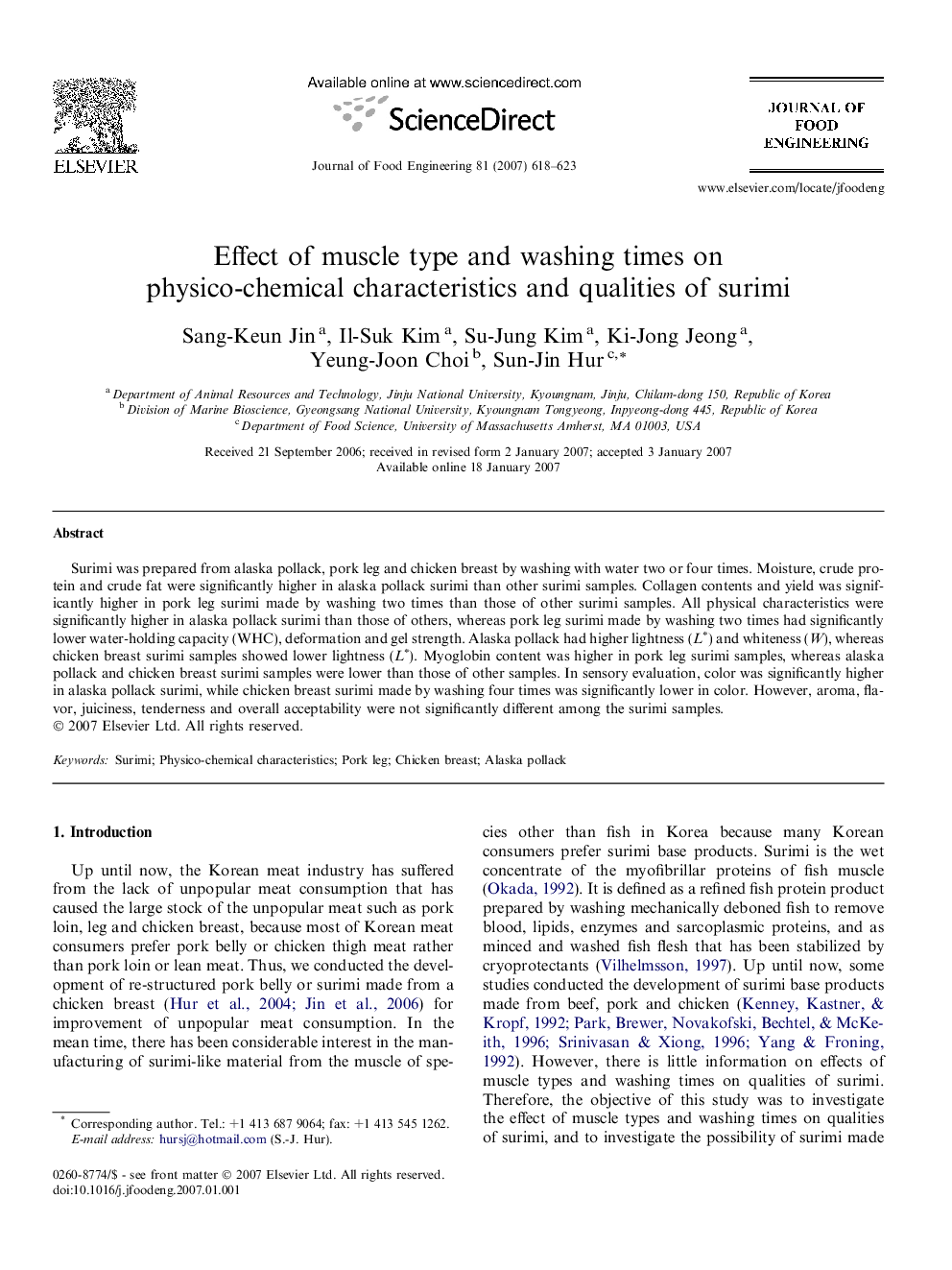 Effect of muscle type and washing times on physico-chemical characteristics and qualities of surimi