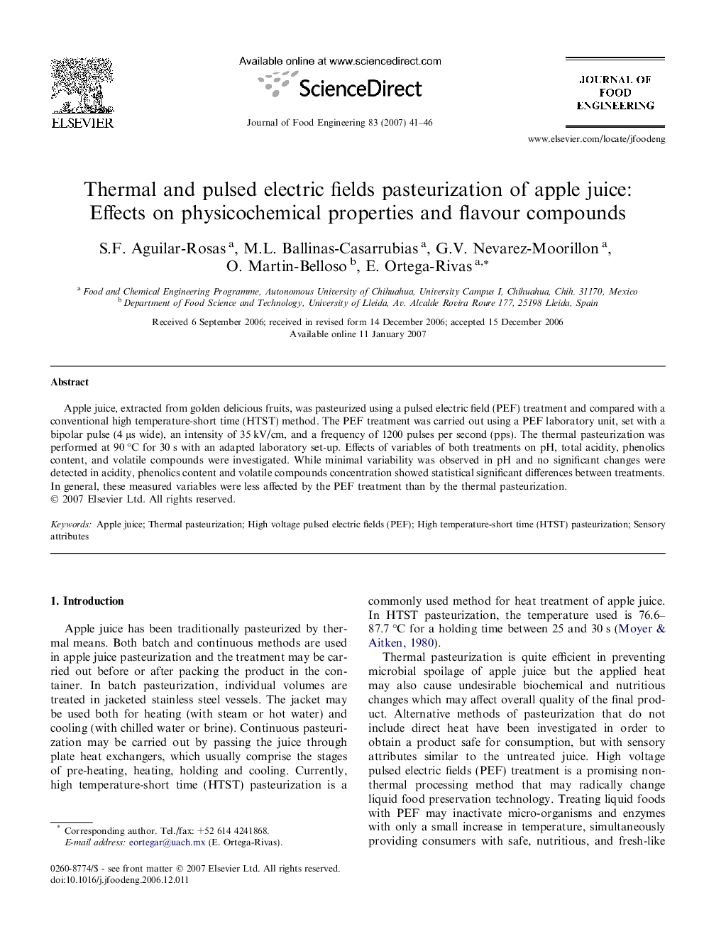 Thermal and pulsed electric fields pasteurization of apple juice: Effects on physicochemical properties and flavour compounds