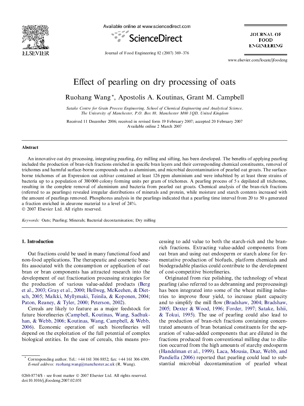 Effect of pearling on dry processing of oats