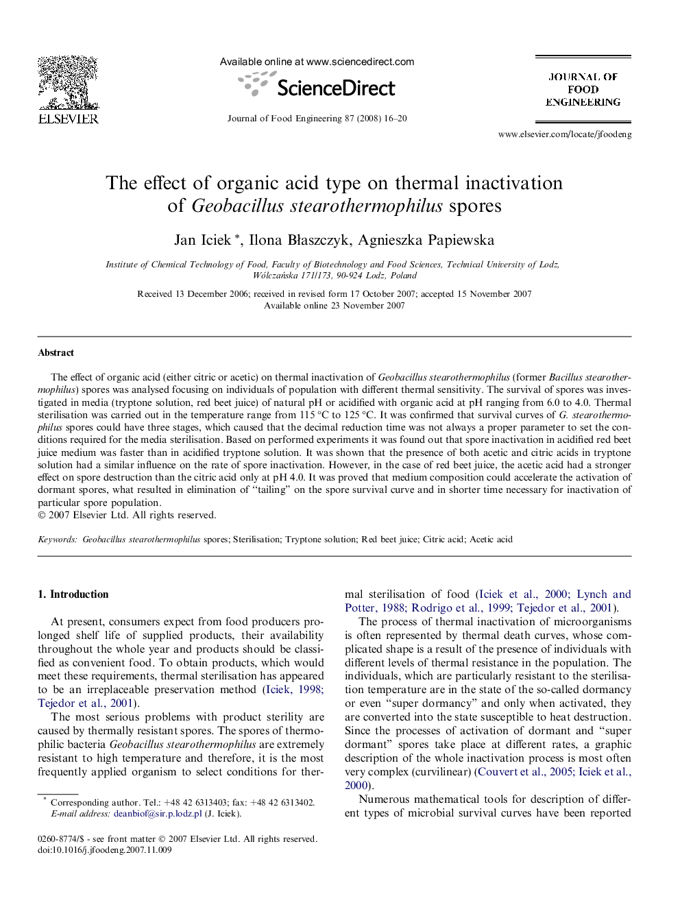 The effect of organic acid type on thermal inactivation of Geobacillus stearothermophilus spores