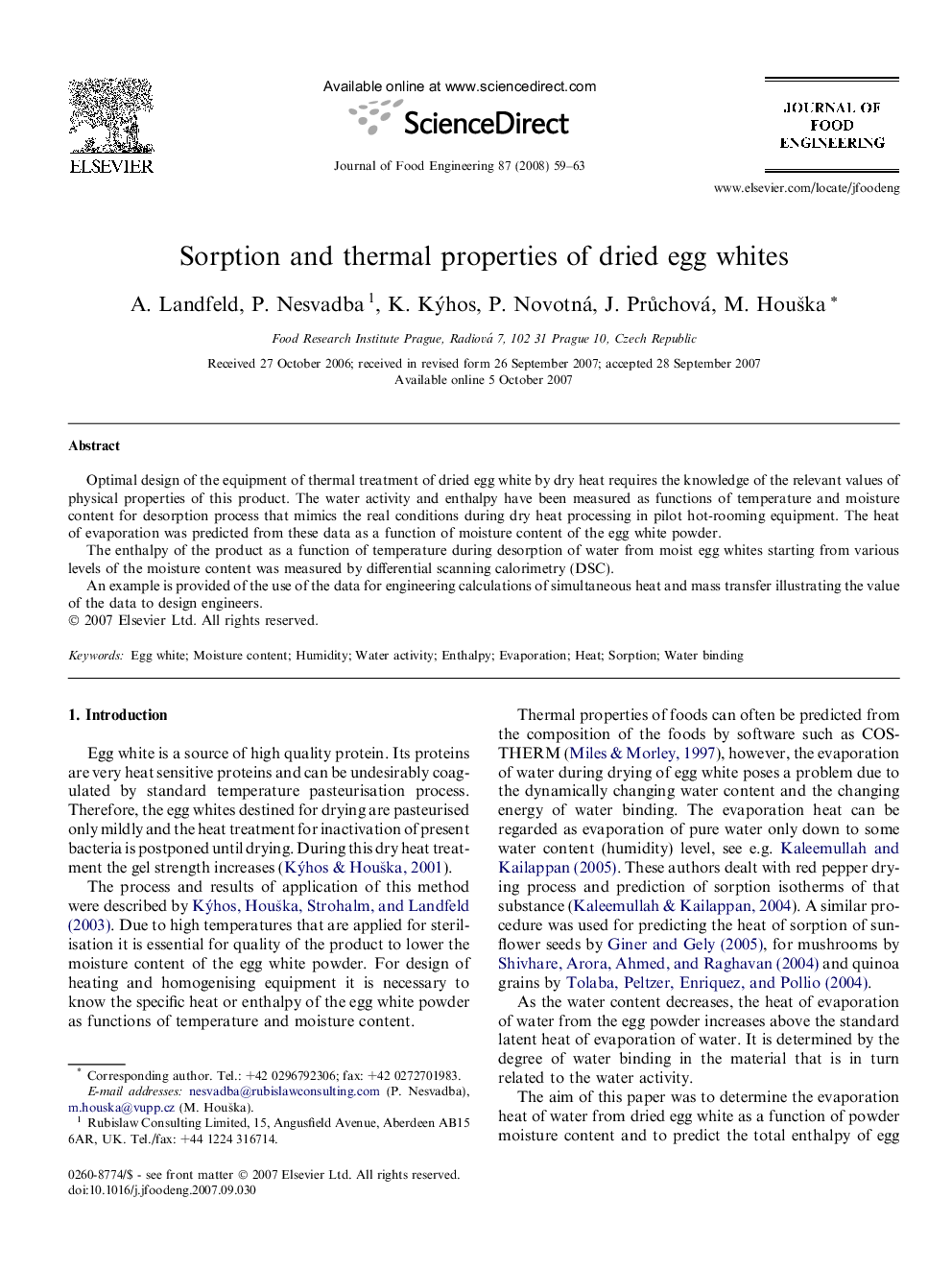 Sorption and thermal properties of dried egg whites