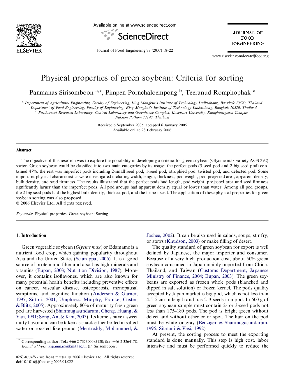 Physical properties of green soybean: Criteria for sorting