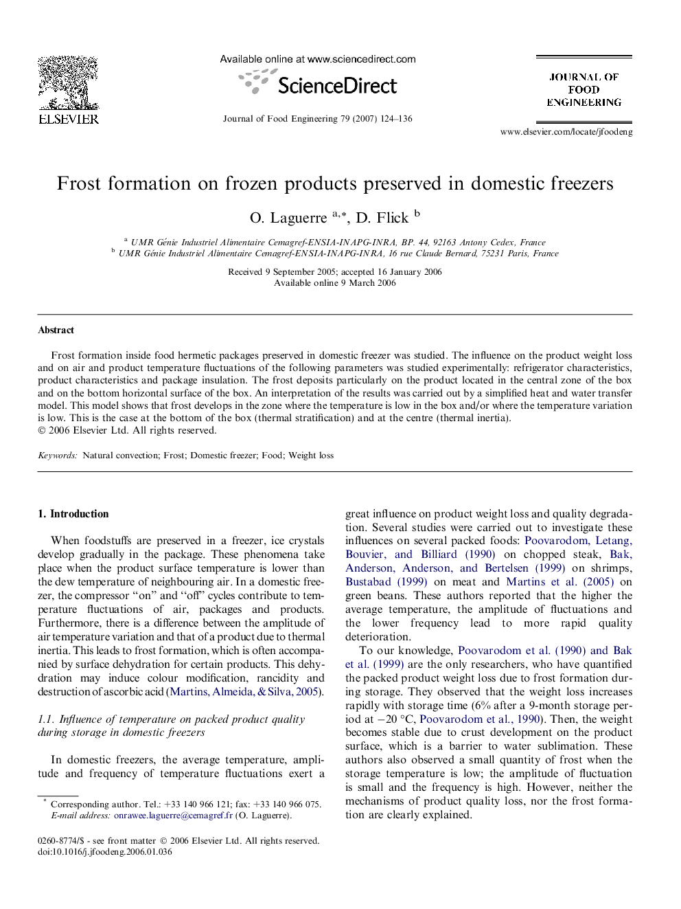 Frost formation on frozen products preserved in domestic freezers