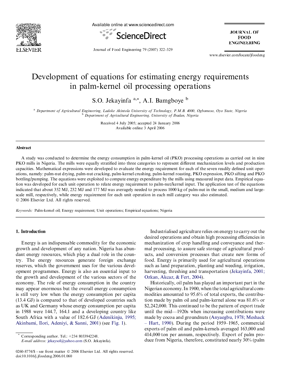 Development of equations for estimating energy requirements in palm-kernel oil processing operations