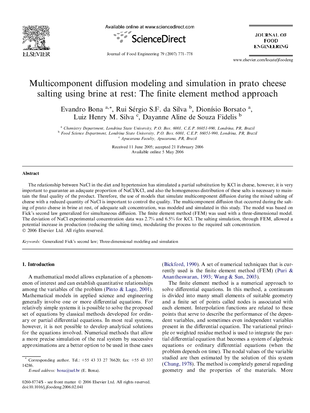 Multicomponent diffusion modeling and simulation in prato cheese salting using brine at rest: The finite element method approach