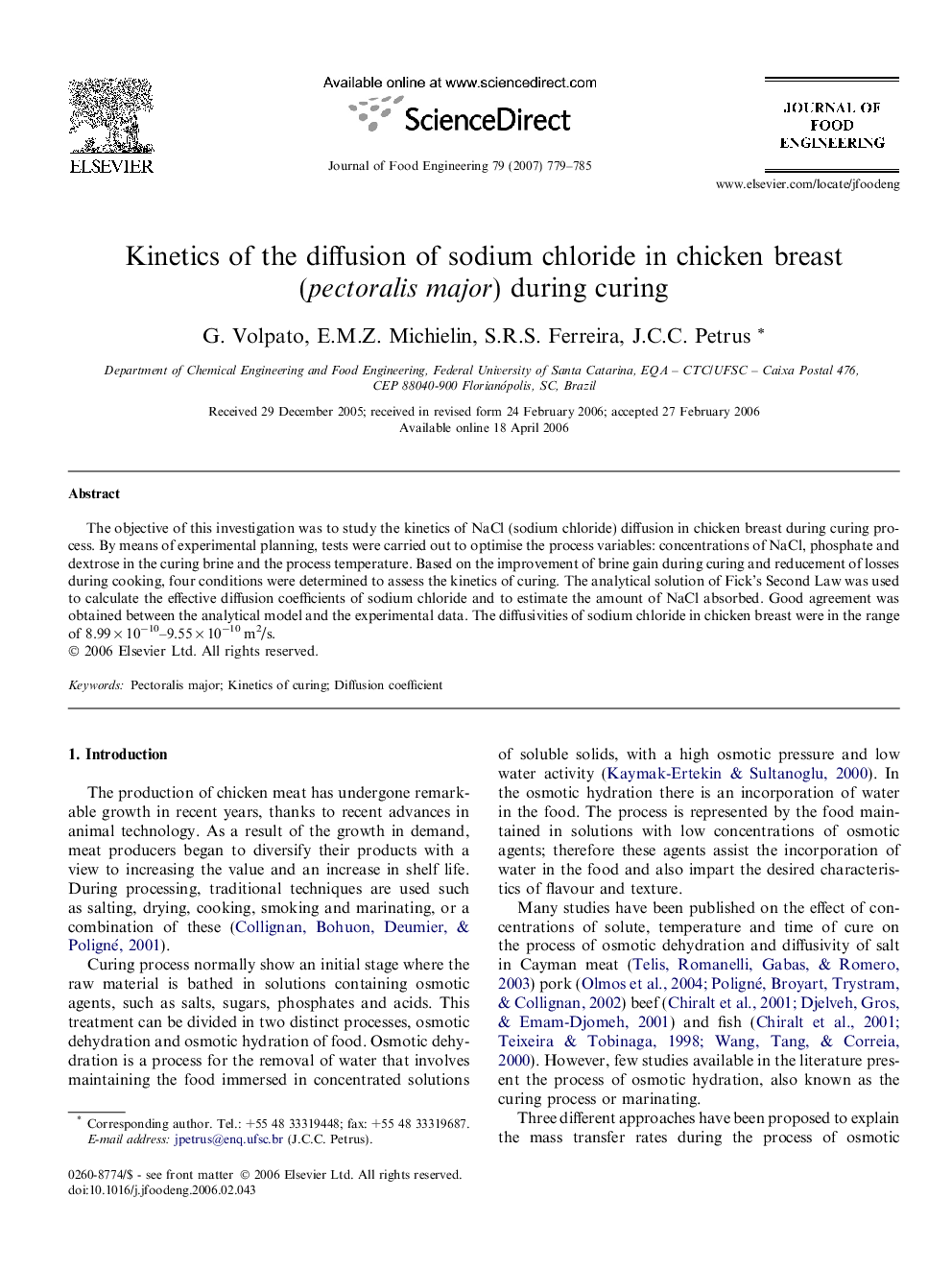 Kinetics of the diffusion of sodium chloride in chicken breast (pectoralis major) during curing