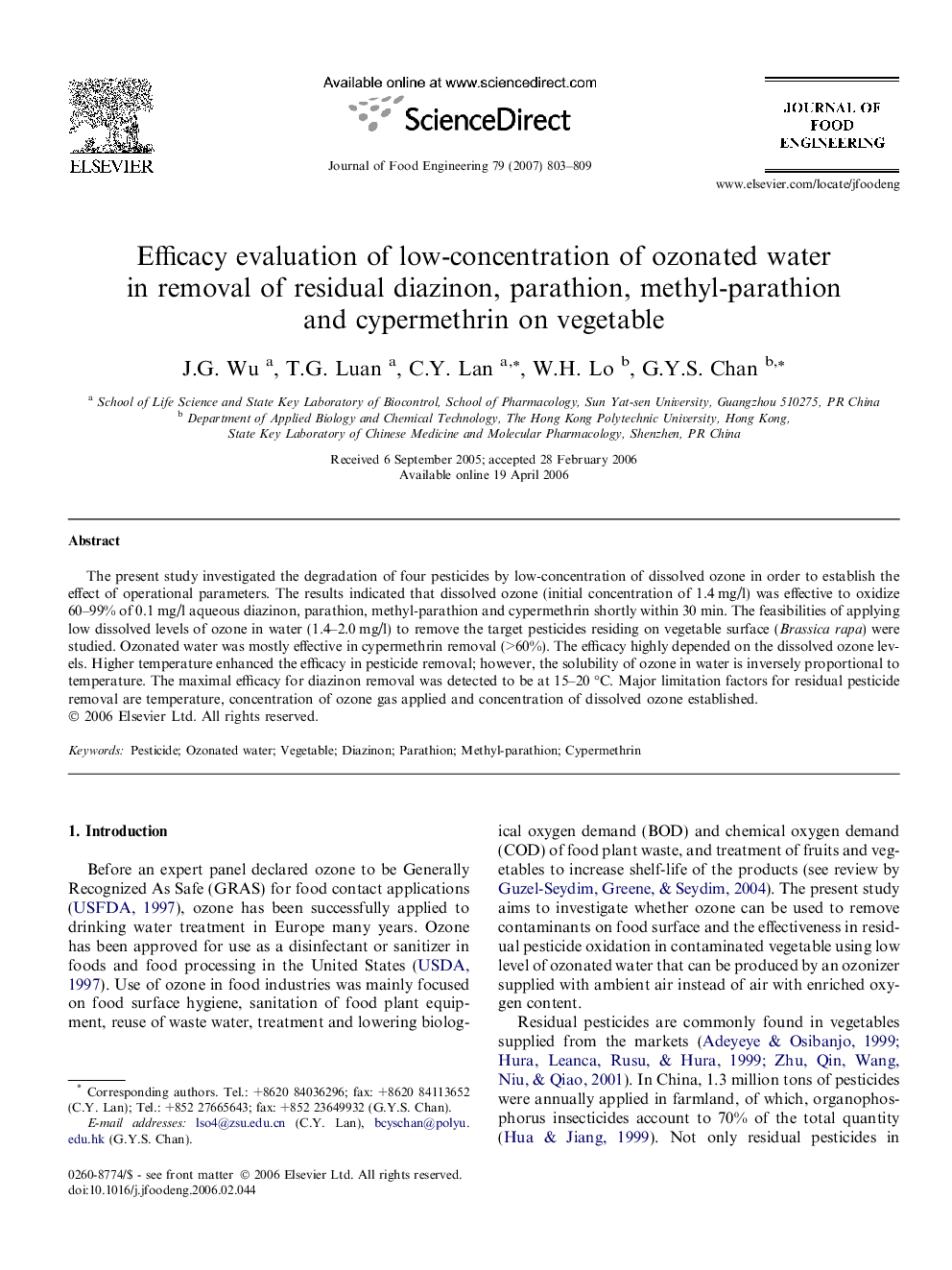 Efficacy evaluation of low-concentration of ozonated water in removal of residual diazinon, parathion, methyl-parathion and cypermethrin on vegetable