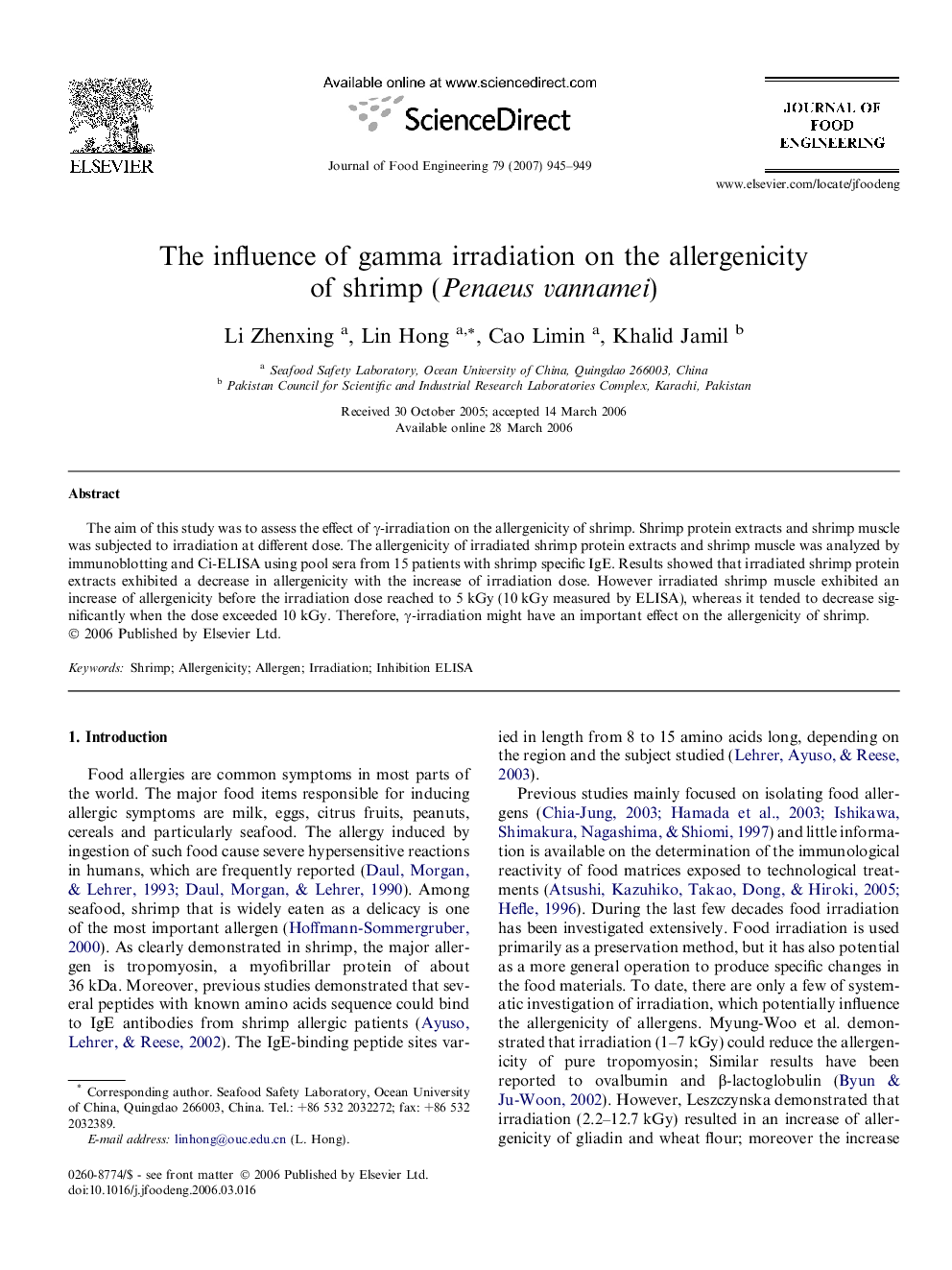 The influence of gamma irradiation on the allergenicity of shrimp (Penaeus vannamei)