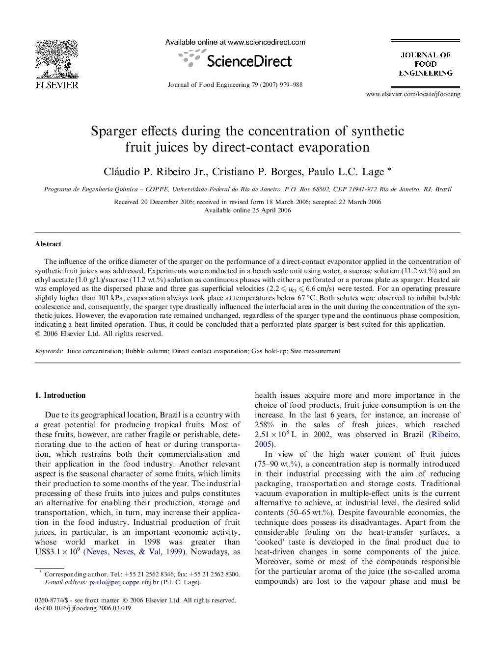 Sparger effects during the concentration of synthetic fruit juices by direct-contact evaporation