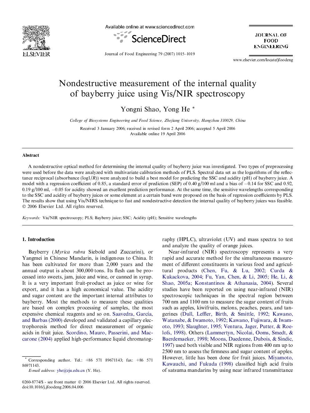 Nondestructive measurement of the internal quality of bayberry juice using Vis/NIR spectroscopy