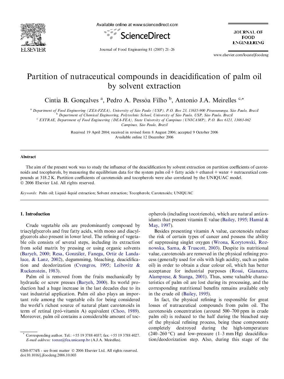 Partition of nutraceutical compounds in deacidification of palm oil by solvent extraction