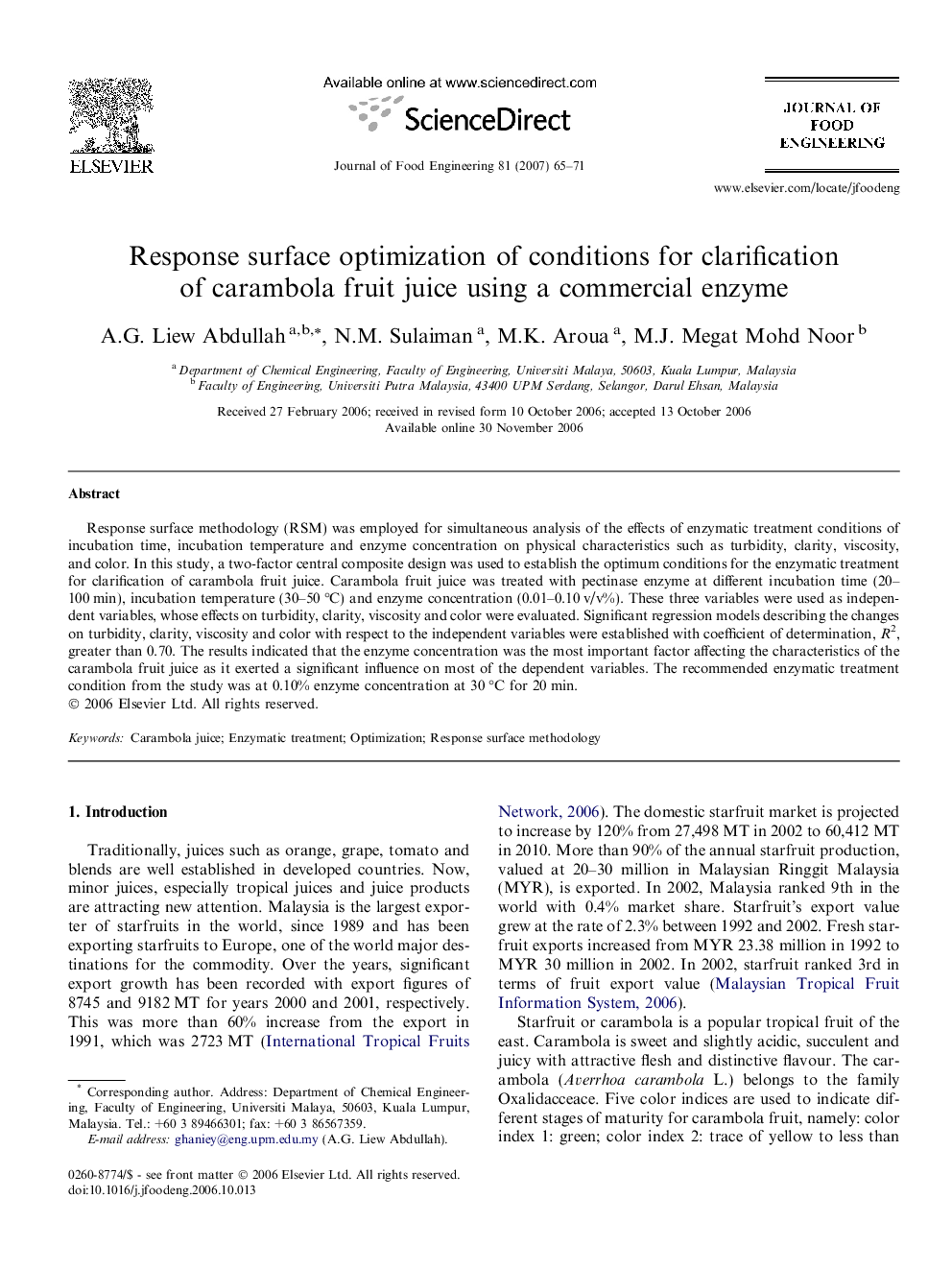 Response surface optimization of conditions for clarification of carambola fruit juice using a commercial enzyme