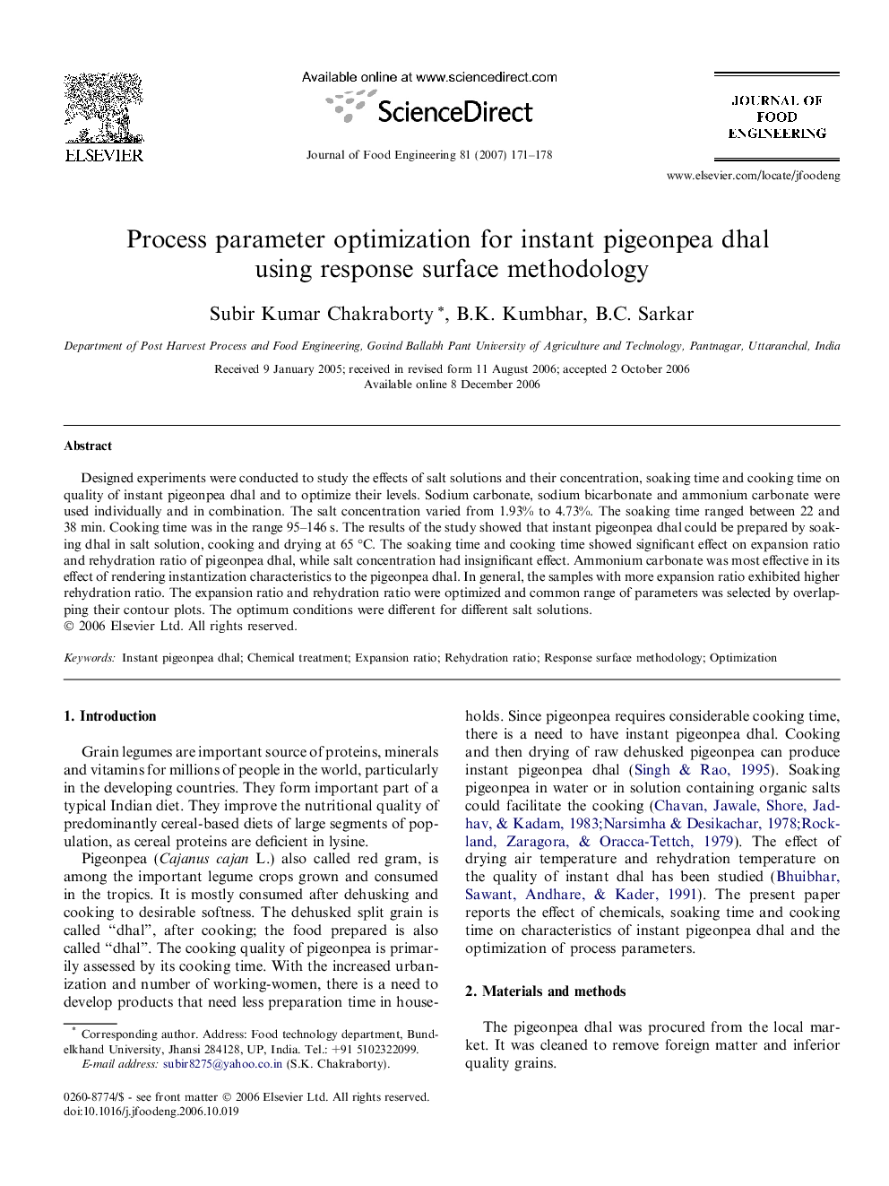 Process parameter optimization for instant pigeonpea dhal using response surface methodology