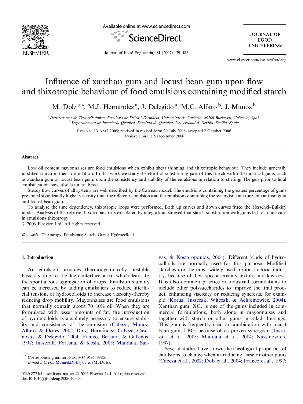 Influence of xanthan gum and locust bean gum upon flow and thixotropic behaviour of food emulsions containing modified starch