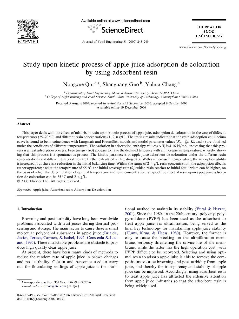 Study upon kinetic process of apple juice adsorption de-coloration by using adsorbent resin