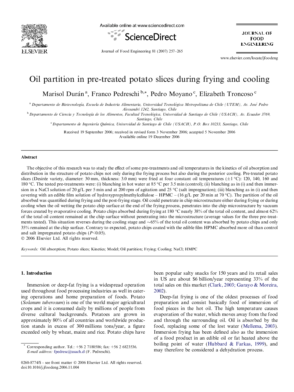 Oil partition in pre-treated potato slices during frying and cooling