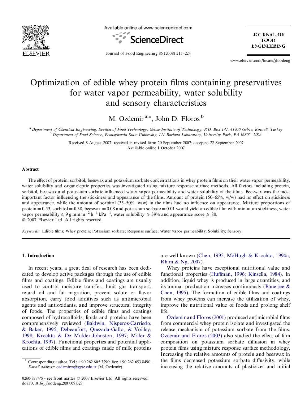 Optimization of edible whey protein films containing preservatives for water vapor permeability, water solubility and sensory characteristics