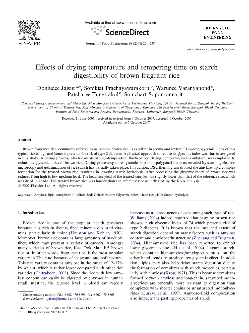 Effects of drying temperature and tempering time on starch digestibility of brown fragrant rice