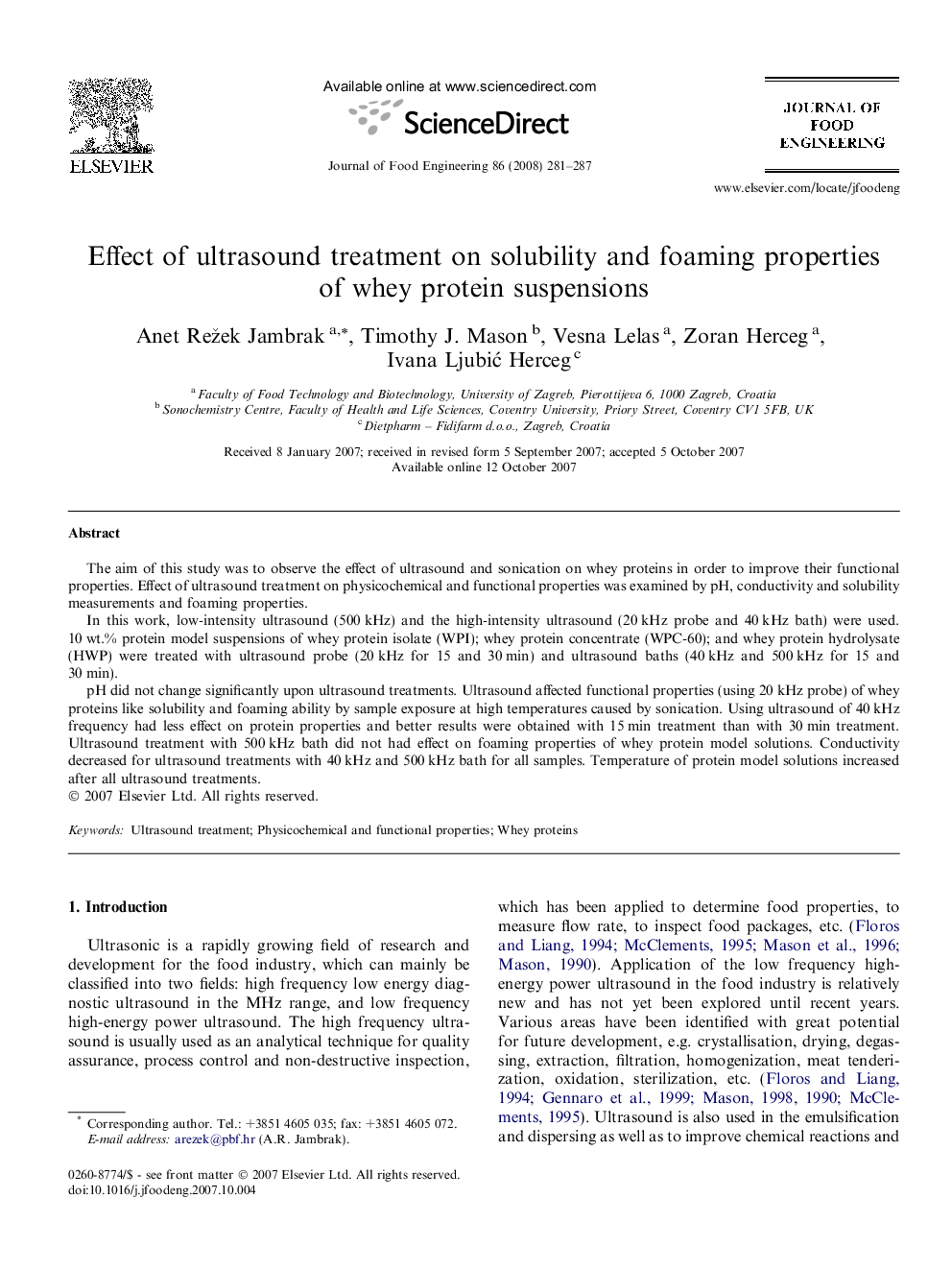 Effect of ultrasound treatment on solubility and foaming properties of whey protein suspensions