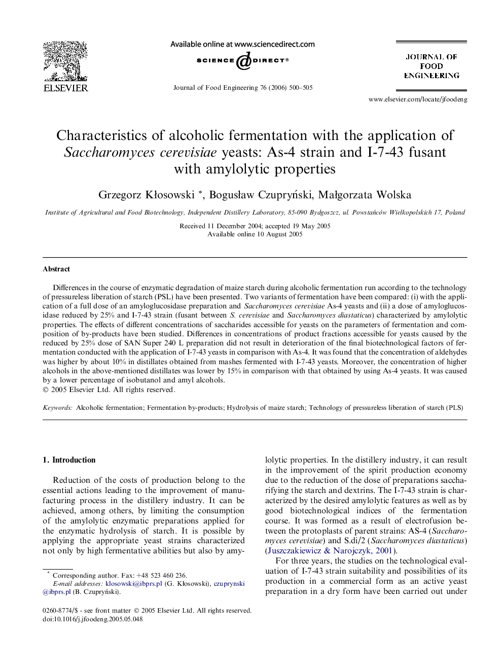 عکس صفحه اول مقاله: Characteristics of alcoholic fermentation with the application of Saccharomyces cerevisiae yeasts: As-4 strain and I-7-43 fusant with amylolytic properties Characteristics of alcoholic fermentation with the application of Saccharomyces cerevisiae yeasts: As-4 strain and I-7-43 fusant with amylolytic properties