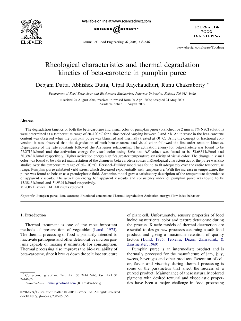 Rheological characteristics and thermal degradation kinetics of beta-carotene in pumpkin puree