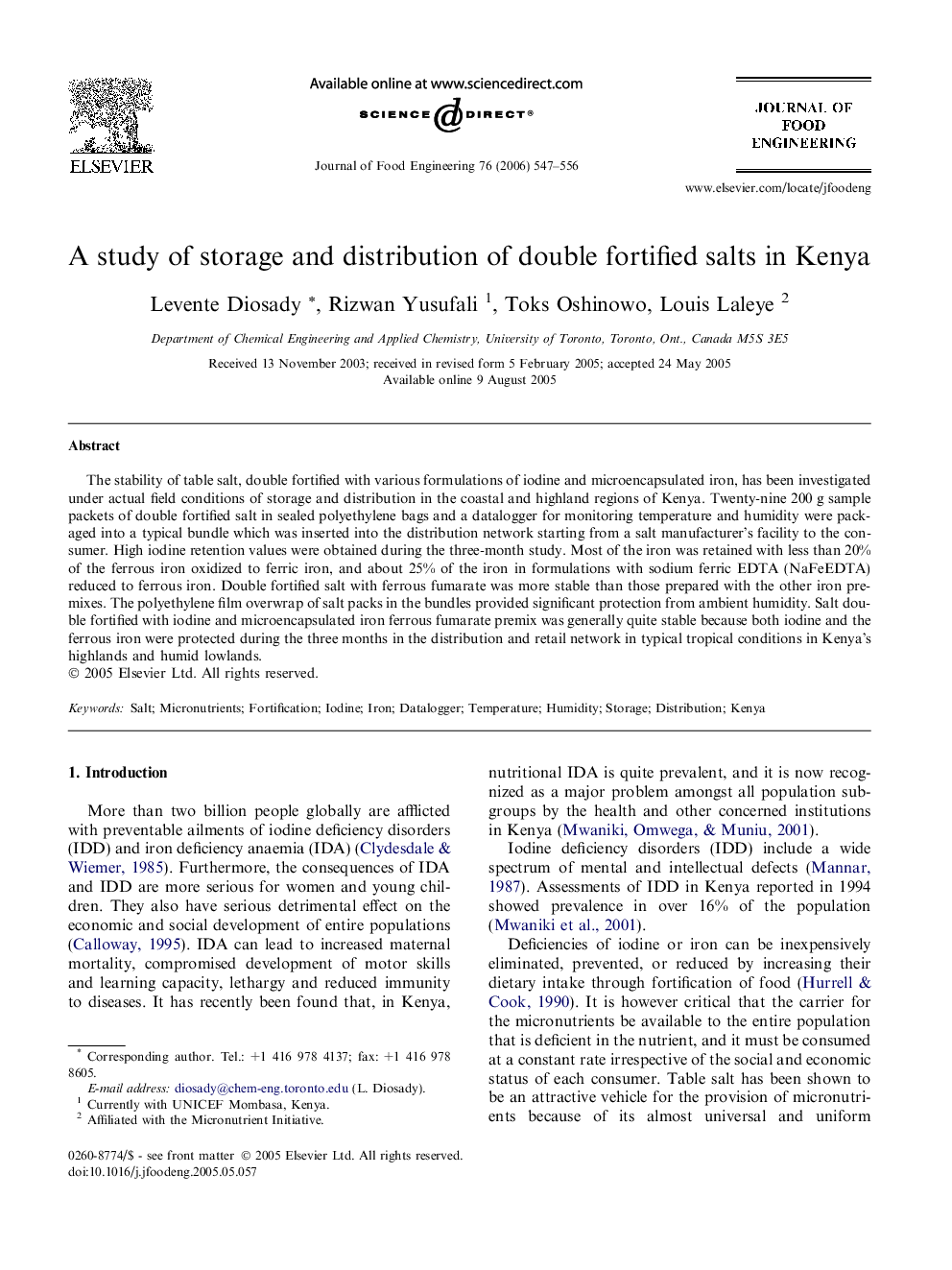 A study of storage and distribution of double fortified salts in Kenya