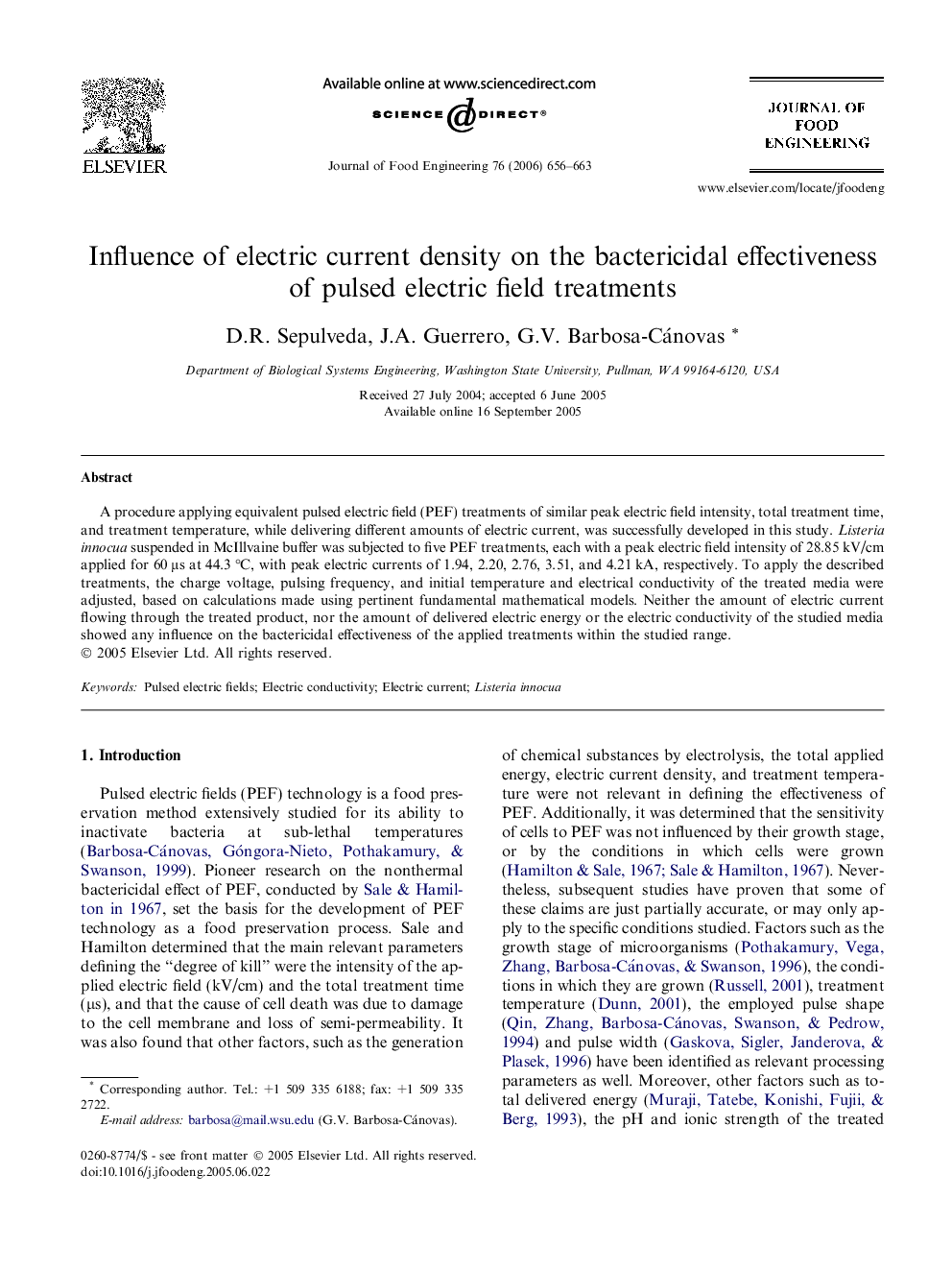 Influence of electric current density on the bactericidal effectiveness of pulsed electric field treatments