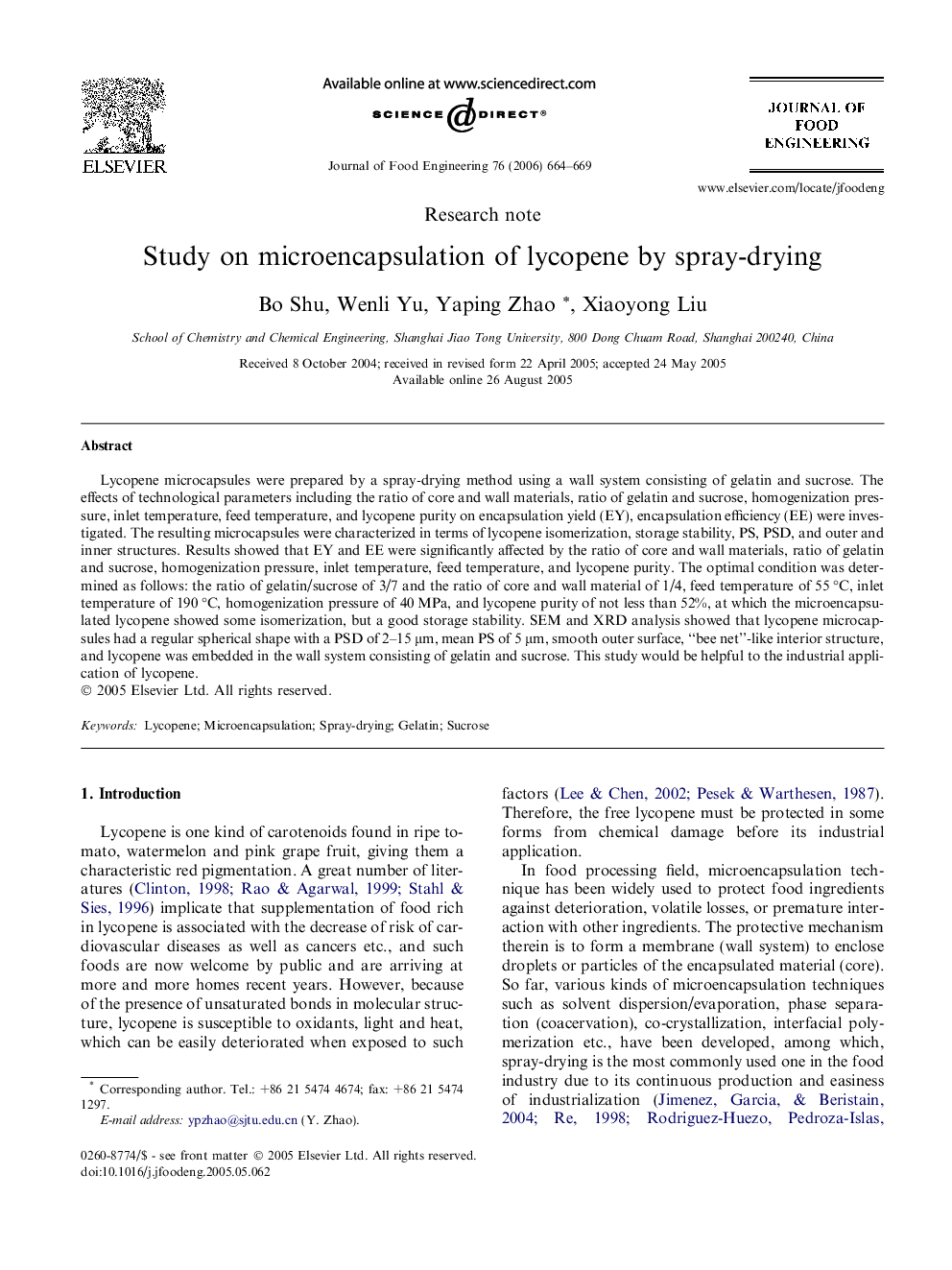 Study on microencapsulation of lycopene by spray-drying