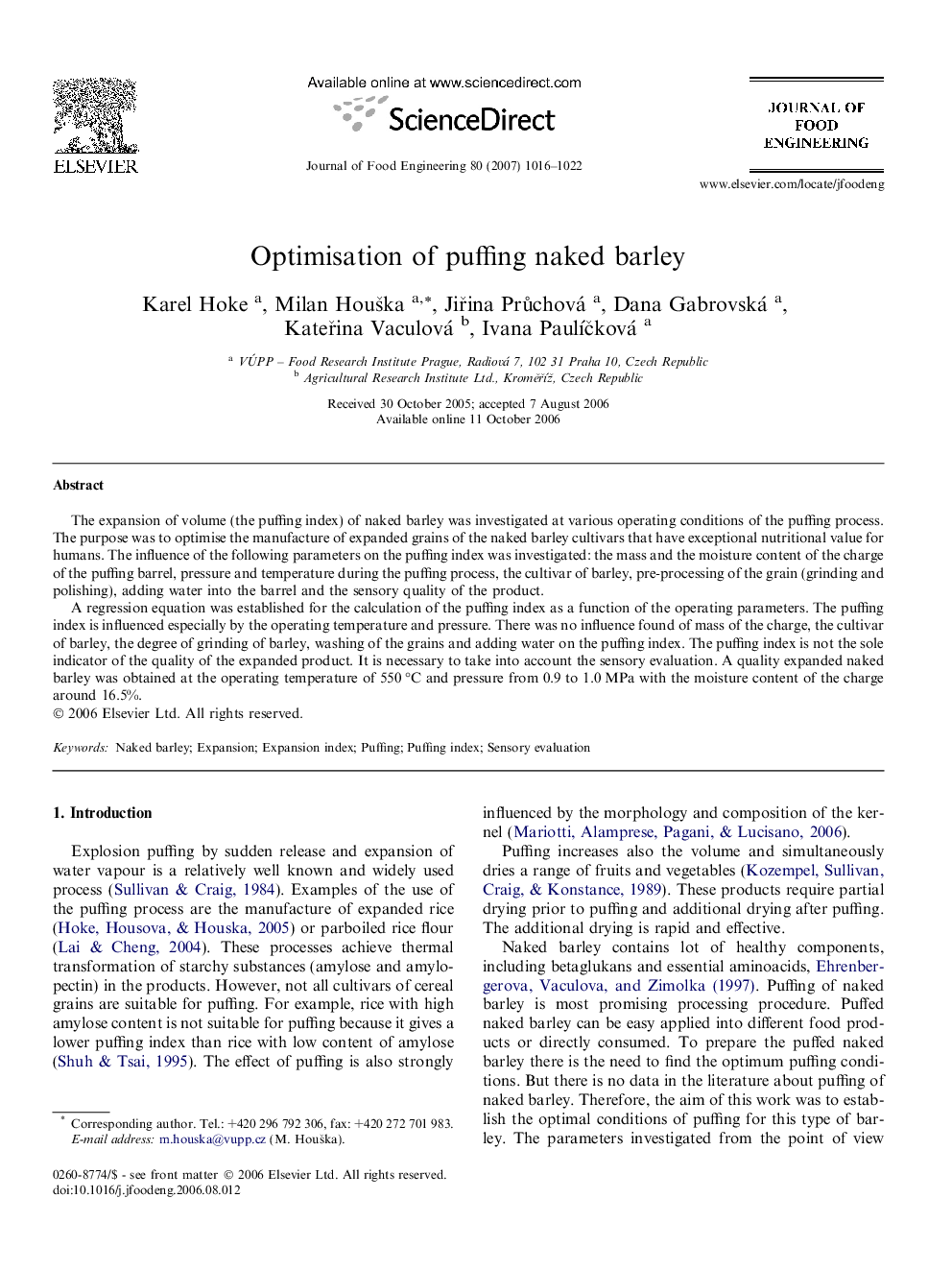 Optimisation of puffing naked barley