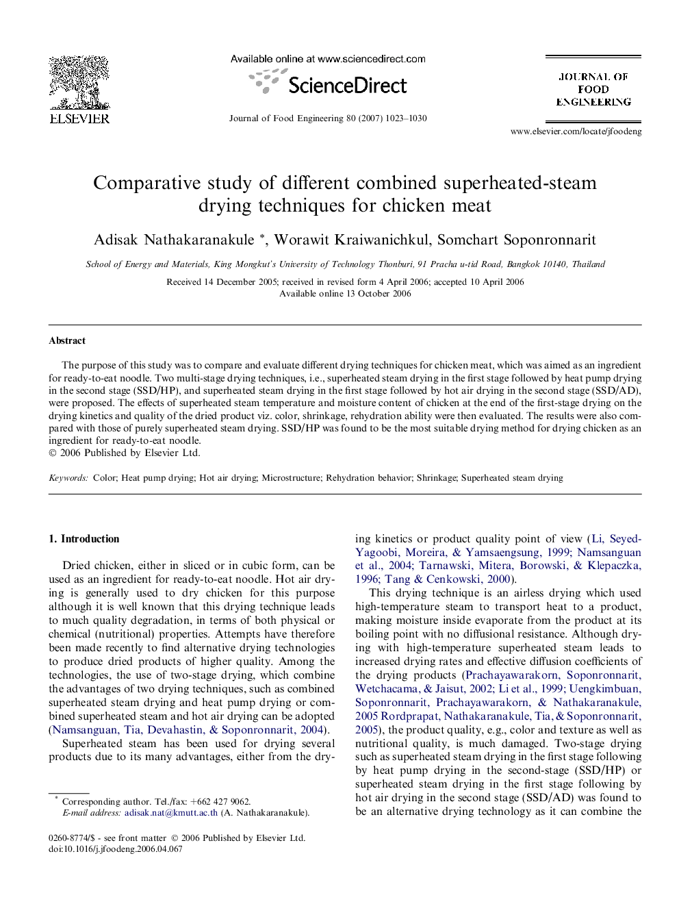 Comparative study of different combined superheated-steam drying techniques for chicken meat