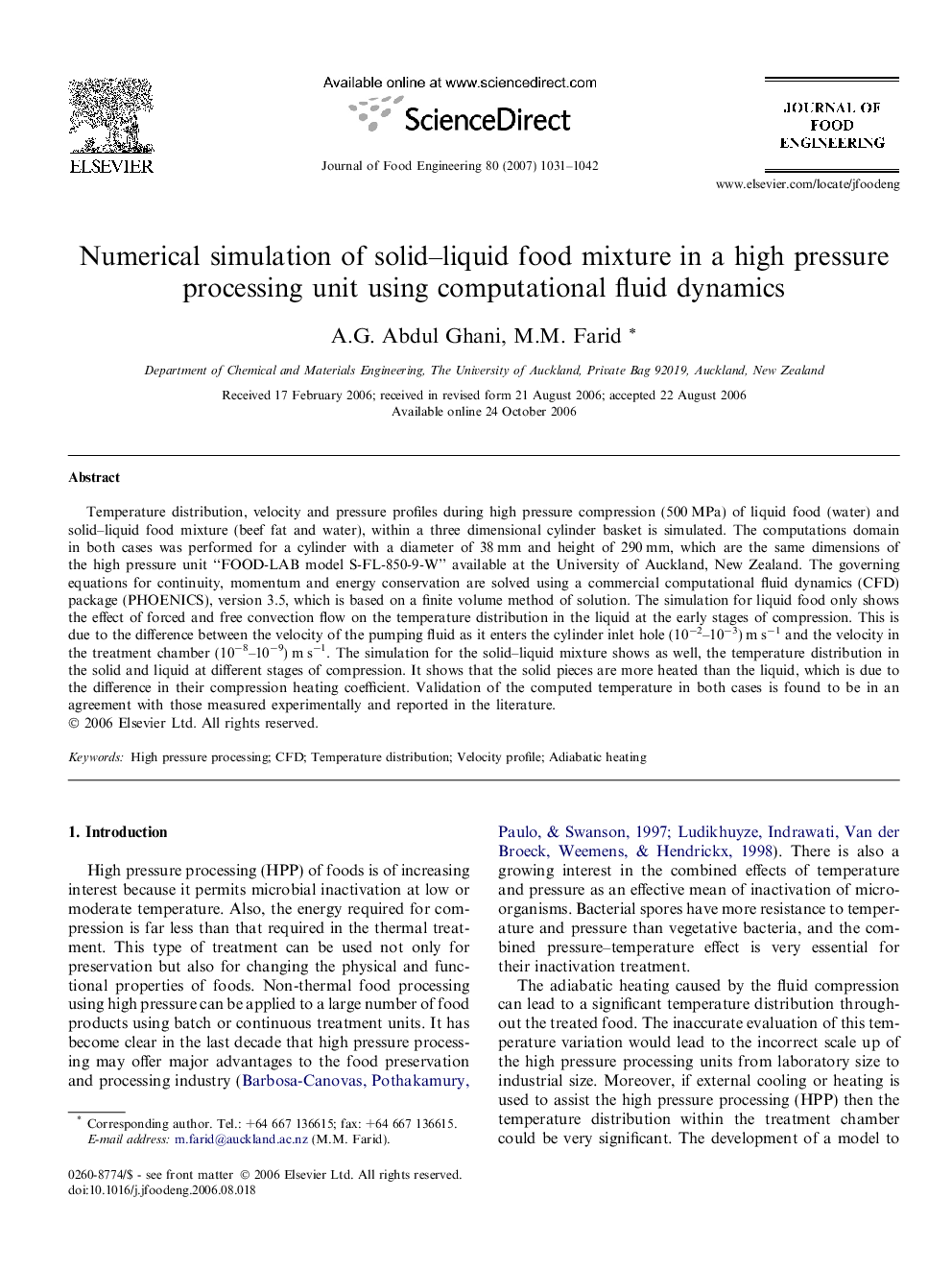 Numerical simulation of solid–liquid food mixture in a high pressure processing unit using computational fluid dynamics