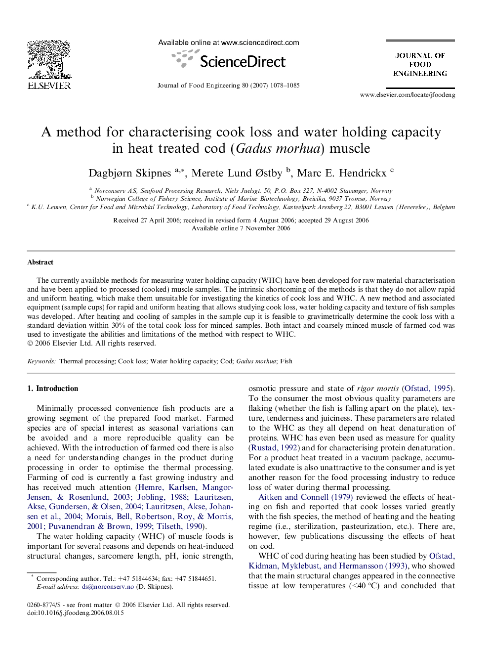 A method for characterising cook loss and water holding capacity in heat treated cod (Gadus morhua) muscle