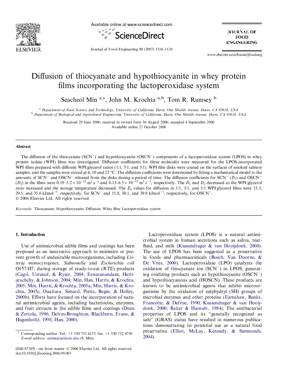 Diffusion of thiocyanate and hypothiocyanite in whey protein films incorporating the lactoperoxidase system