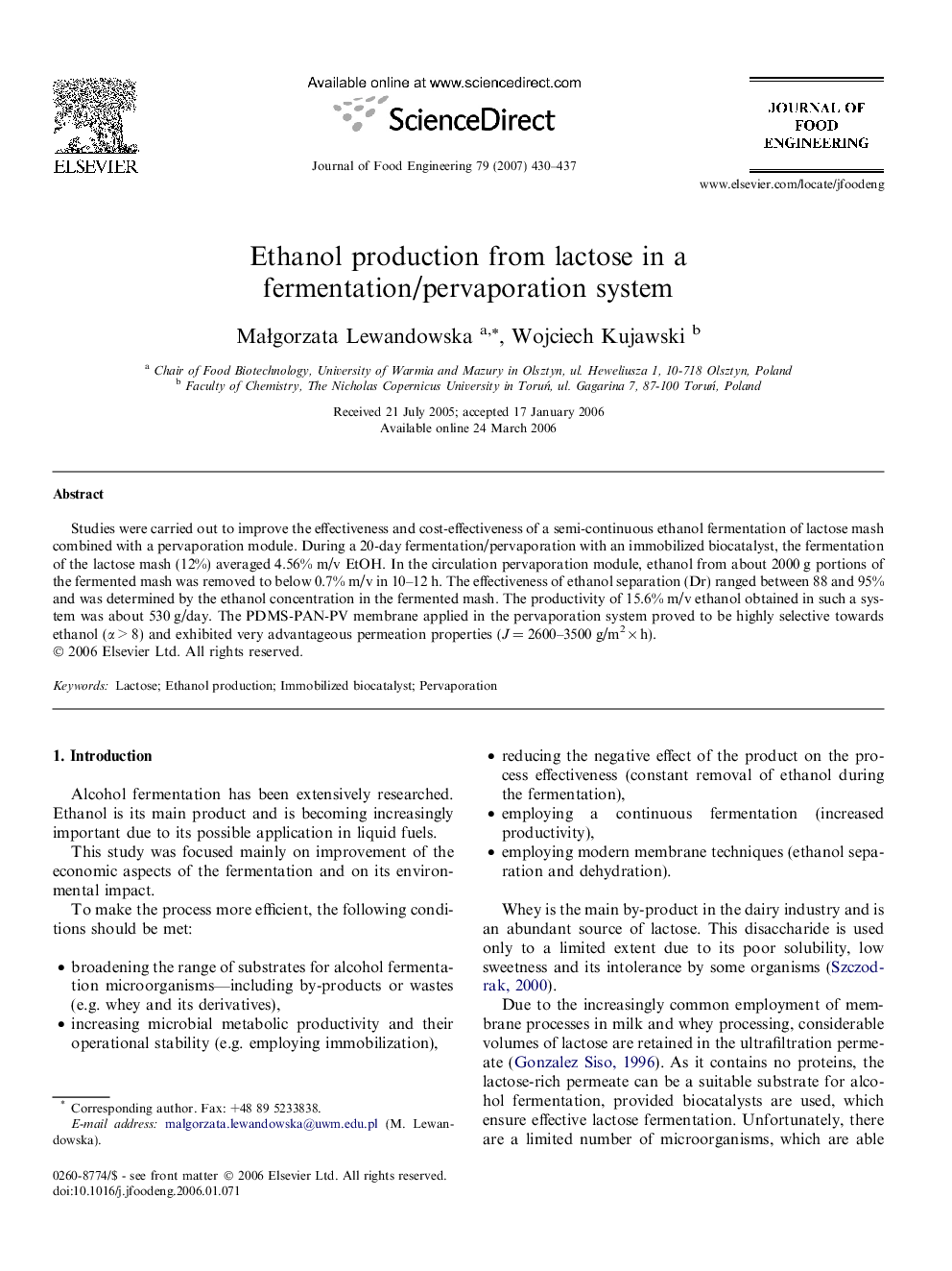 Ethanol production from lactose in a fermentation/pervaporation system