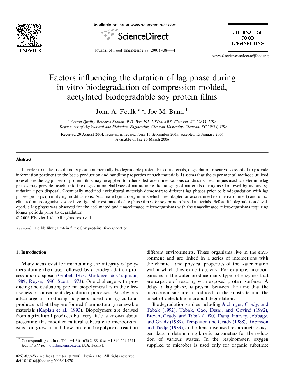 Factors influencing the duration of lag phase during in vitro biodegradation of compression-molded, acetylated biodegradable soy protein films