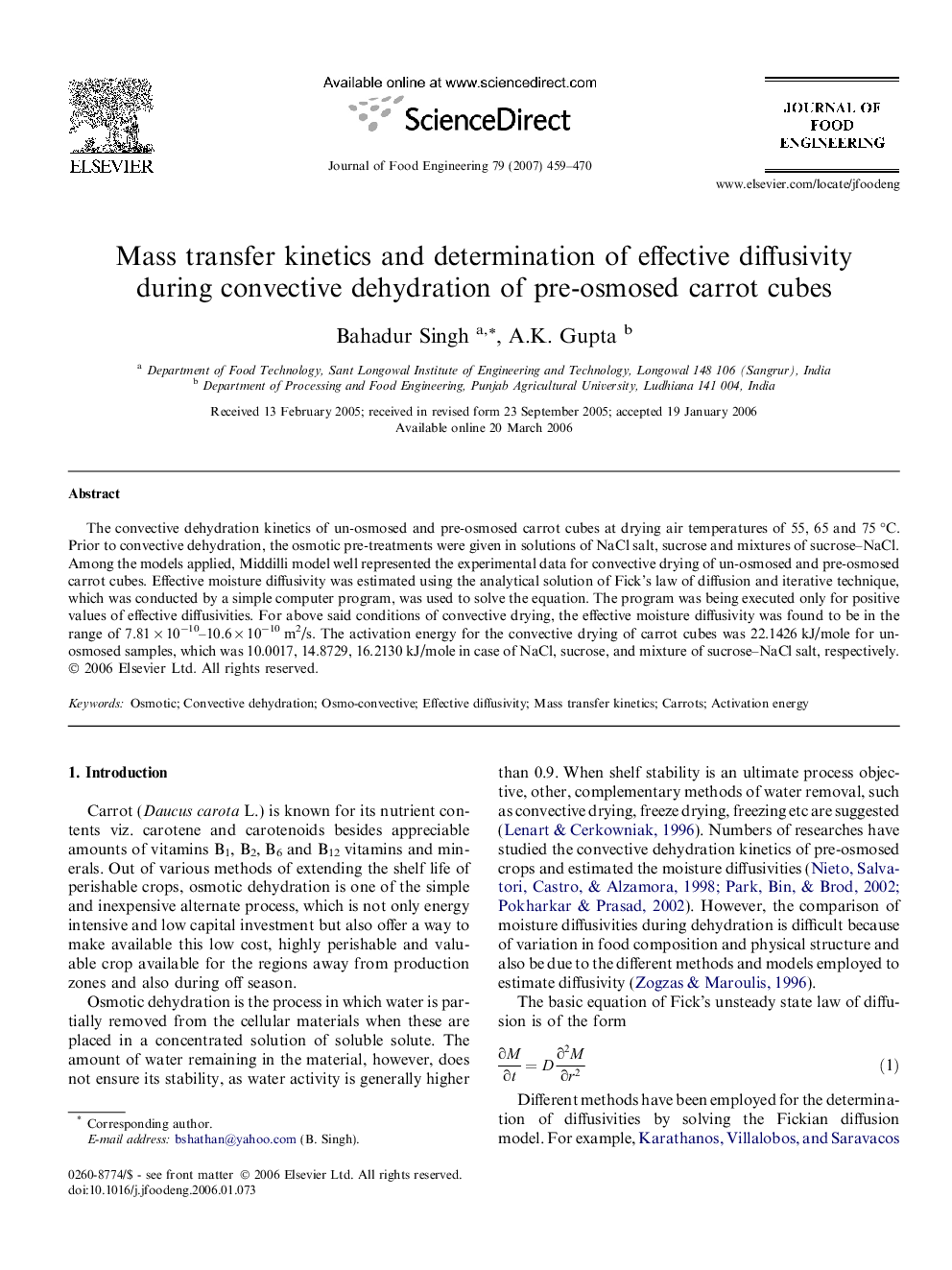 Mass transfer kinetics and determination of effective diffusivity during convective dehydration of pre-osmosed carrot cubes