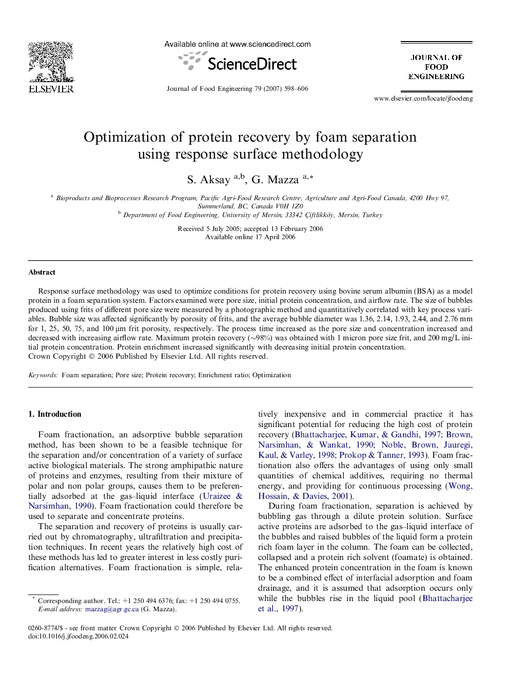 Optimization of protein recovery by foam separation using response surface methodology