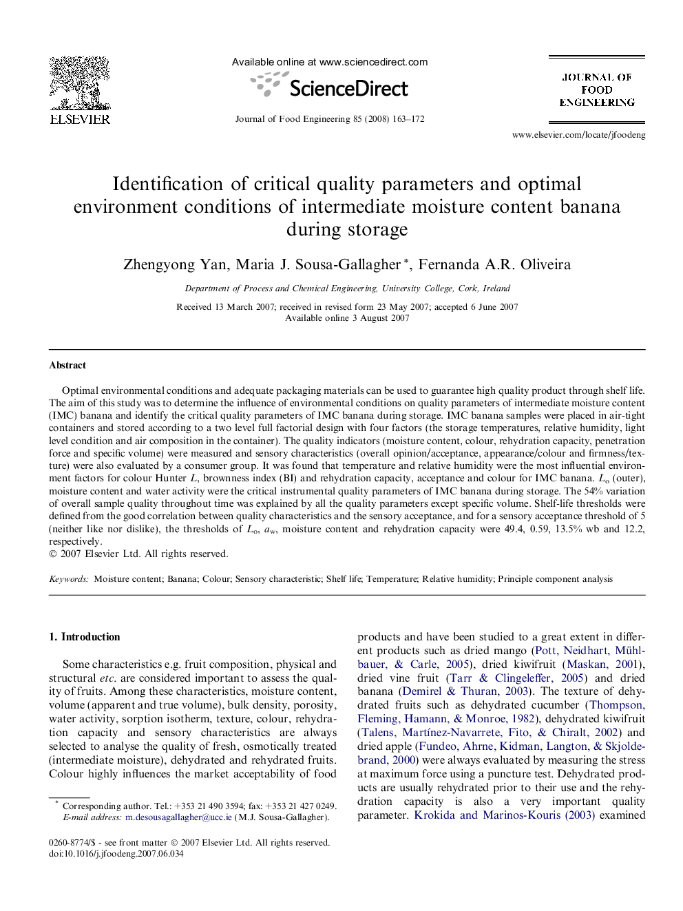 Identification of critical quality parameters and optimal environment conditions of intermediate moisture content banana during storage