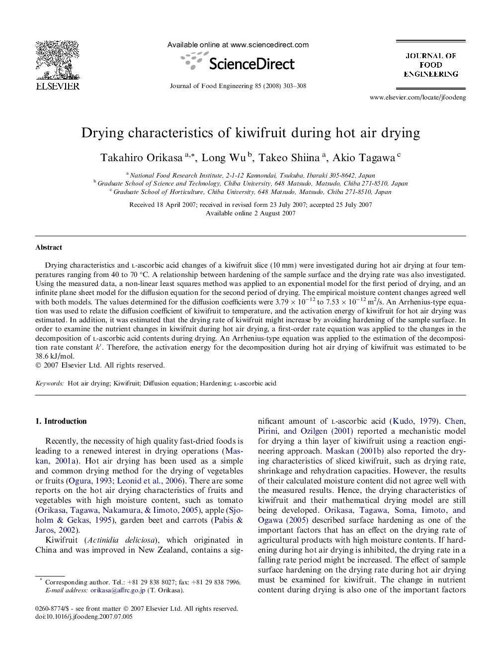 Drying characteristics of kiwifruit during hot air drying