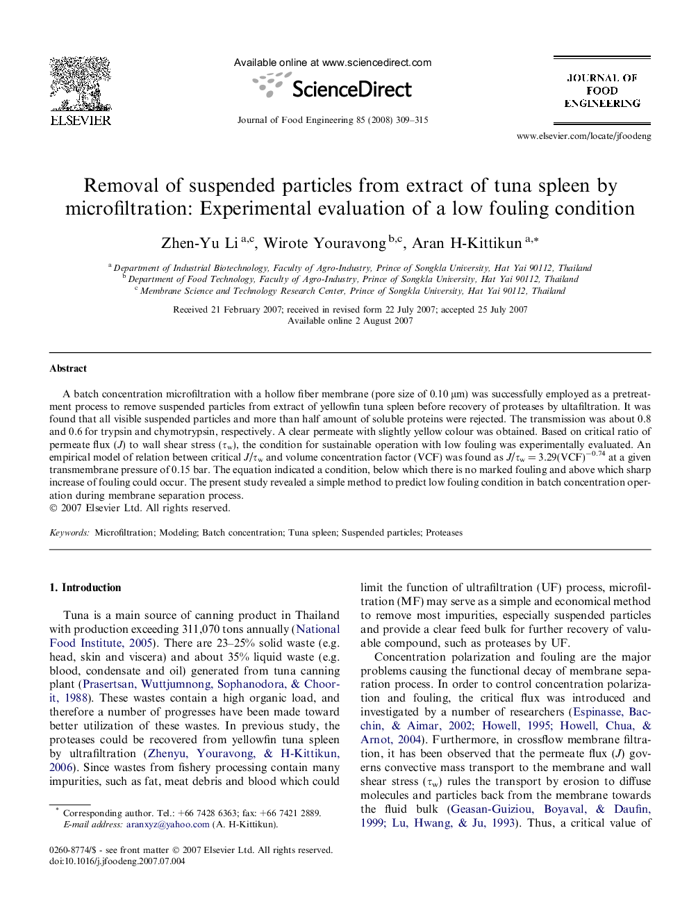 Removal of suspended particles from extract of tuna spleen by microfiltration: Experimental evaluation of a low fouling condition