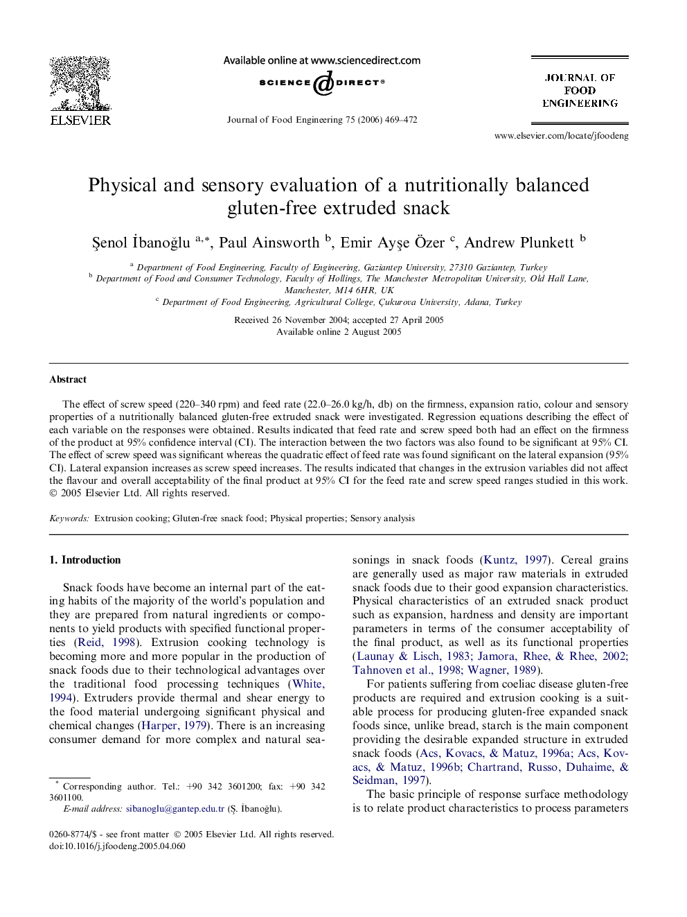 Physical and sensory evaluation of a nutritionally balanced gluten-free extruded snack