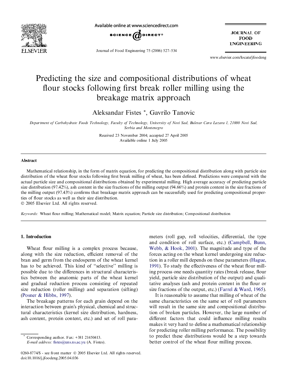 Predicting the size and compositional distributions of wheat flour stocks following first break roller milling using the breakage matrix approach