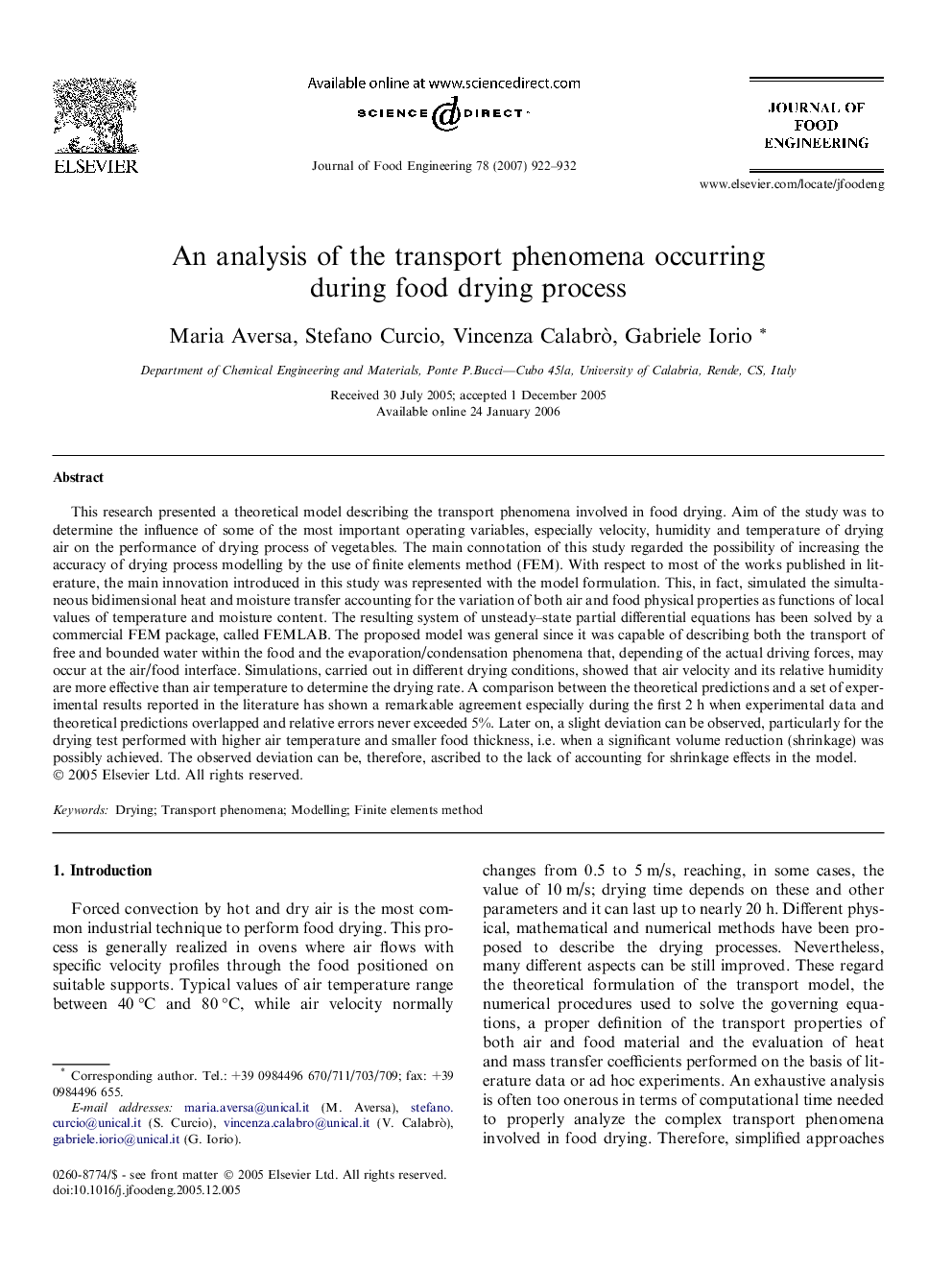 An analysis of the transport phenomena occurring during food drying process