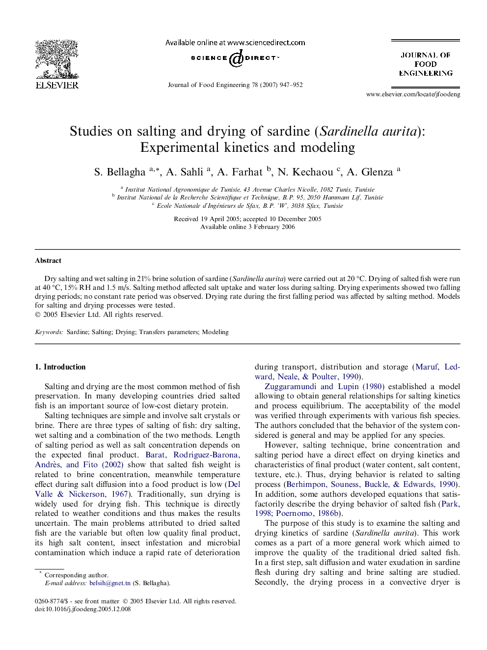 Studies on salting and drying of sardine (Sardinella aurita): Experimental kinetics and modeling